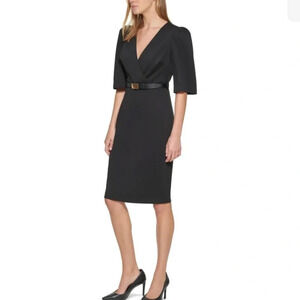 New! Calvin Klein petites crossfront puff sleeve sheath dress black 479